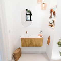 JOYA 91,6cm toiletmeubel ronding rechts kleur Oak. Wastafel FAYE positie Links Zonder kraangat kleur Talc.