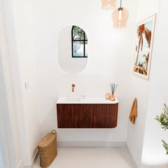 JOYA 91,6cm toiletmeubel ronding rechts kleur Ruby. Wastafel FAYE positie Links Zonder kraangat kleur Talc.