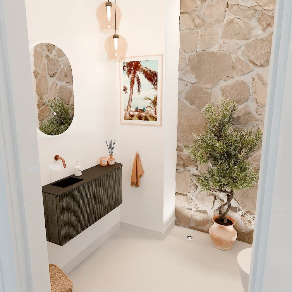 JOYA 91,6cm toiletmeubel ronding rechts kleur Shadow. Wastafel FAYE positie Links Zonder kraangat kleur Urban.