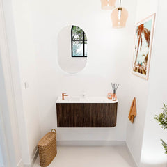 JOYA 91,6cm toiletmeubel ronding rechts kleur Walnut. Wastafel FAYE positie Links 1 kraangat kleur Talc.