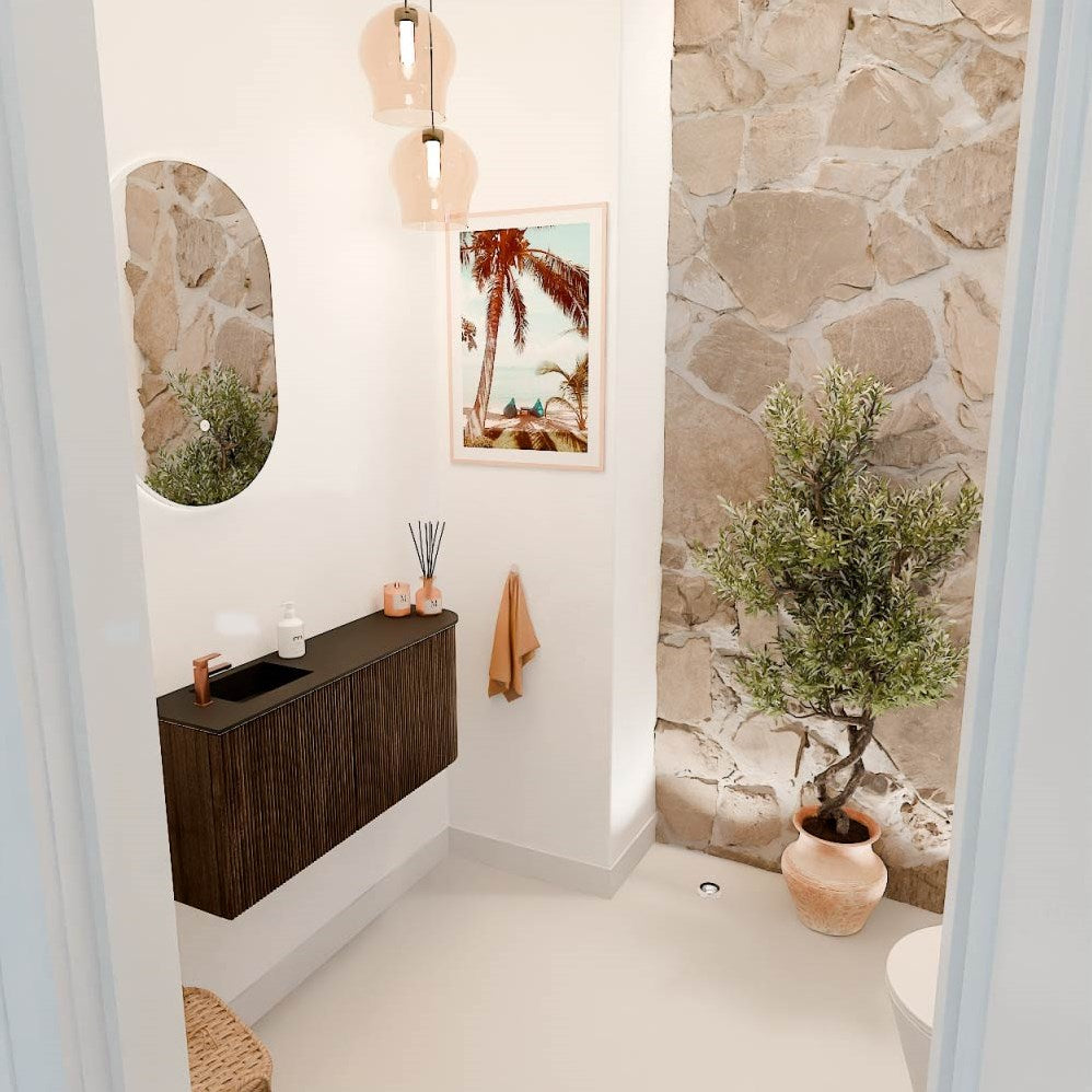 JOYA 91,6cm toiletmeubel ronding rechts kleur Walnut. Wastafel FAYE positie Links 1 kraangat kleur Urban.