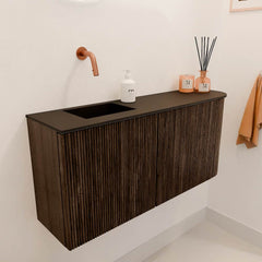 JOYA 91,6cm toiletmeubel ronding rechts kleur Walnut. Wastafel FAYE positie Links Zonder kraangat kleur Urban.