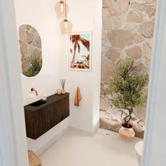 JOYA 91,6cm toiletmeubel ronding rechts kleur Walnut. Wastafel FAYE positie Links Zonder kraangat kleur Urban.