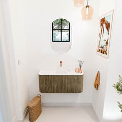 JOYA 93,2cm toiletmeubel ronding links + rechts kleur Dusk. Wastafel FAYE positie Midden Zonder kraangat kleur Talc.