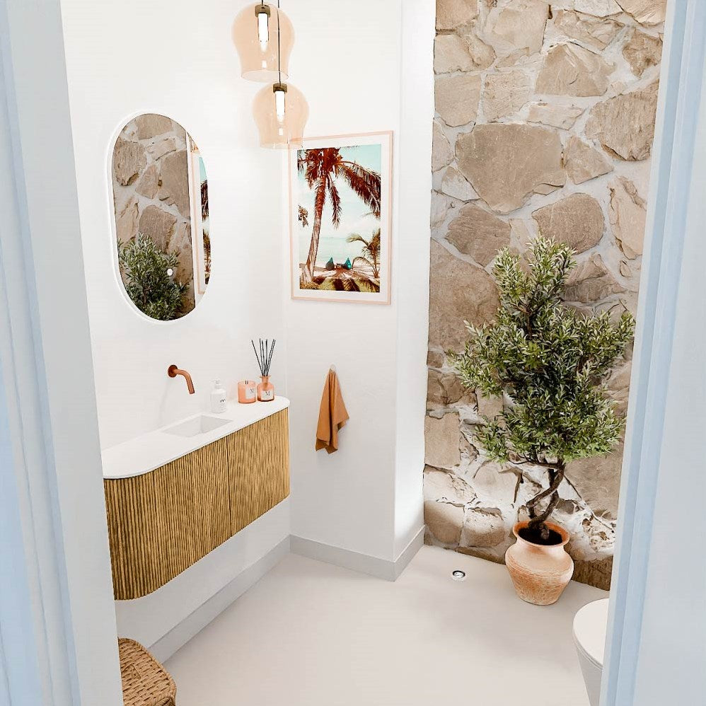 JOYA 93,2cm toiletmeubel ronding links + rechts kleur Oak. Wastafel FAYE positie Midden Zonder kraangat kleur Talc.