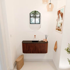 JOYA 93,2cm toiletmeubel ronding links + rechts kleur Ruby. Wastafel FAYE positie Midden Zonder kraangat kleur Urban.