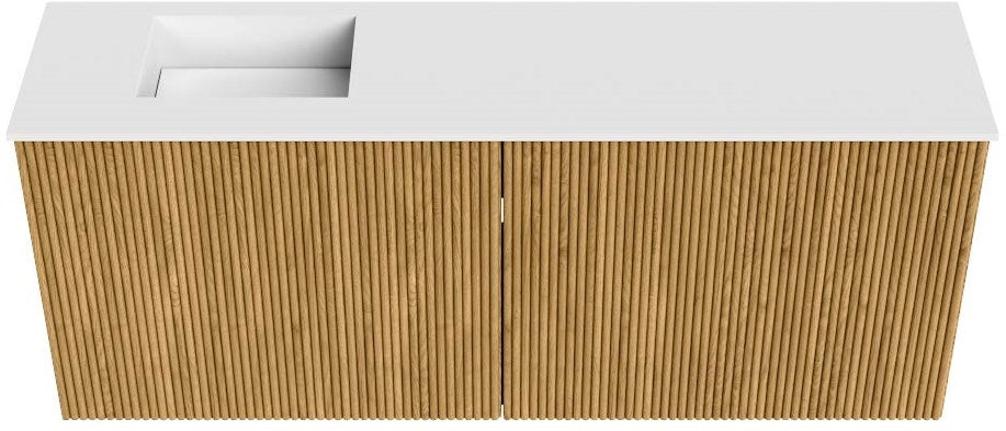 JOYA 100cm toiletmeubel kleur Oak. Wastafel FAYE positie Links Zonder kraangat kleur Talc.