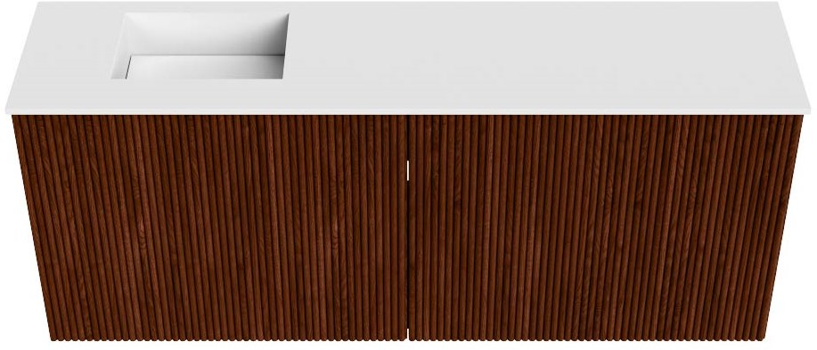 JOYA 100cm toiletmeubel kleur Ruby. Wastafel FAYE positie Links Zonder kraangat kleur Talc.