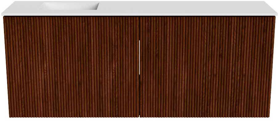 JOYA 100cm toiletmeubel kleur Ruby. Wastafel FAYE positie Links Zonder kraangat kleur Talc.