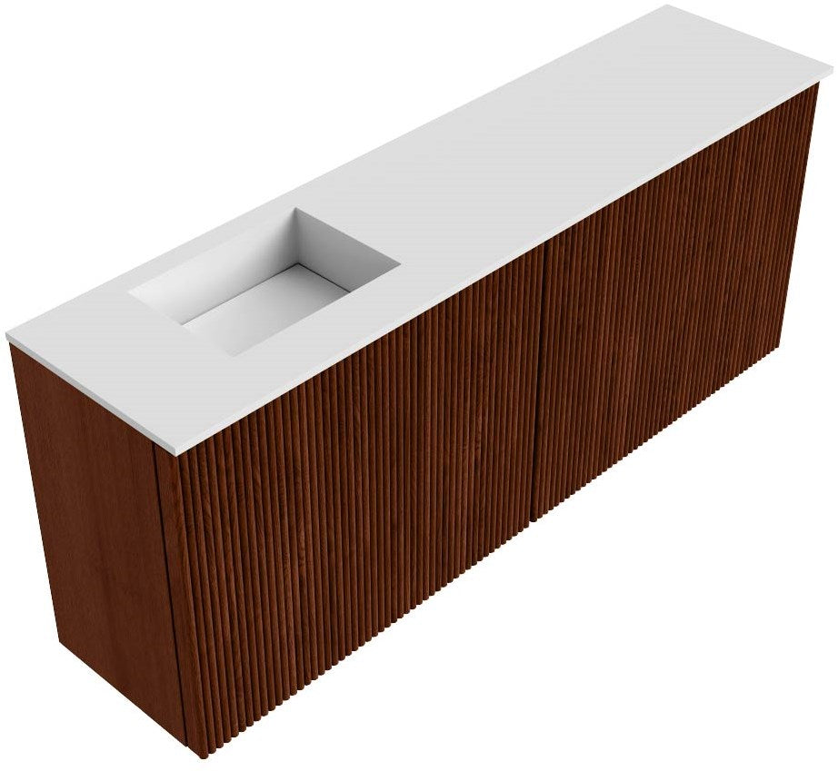 JOYA 100cm toiletmeubel kleur Ruby. Wastafel FAYE positie Links Zonder kraangat kleur Talc.
