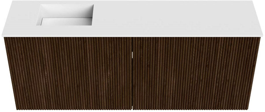 JOYA 100cm toiletmeubel kleur Walnut. Wastafel FAYE positie Links Zonder kraangat kleur Talc.