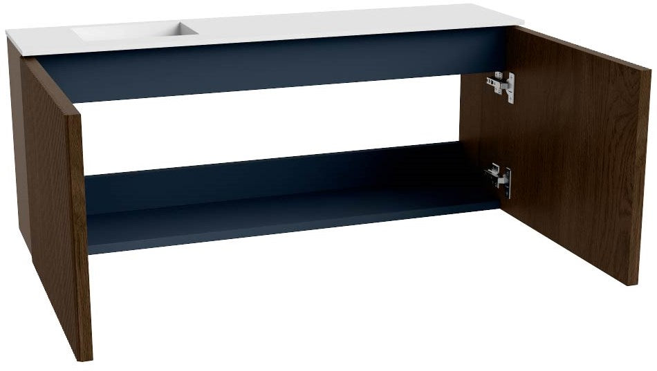 JOYA 100cm toiletmeubel kleur Walnut. Wastafel FAYE positie Links Zonder kraangat kleur Talc.
