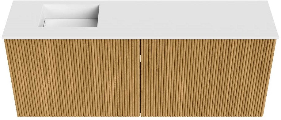 JOYA 100cm toiletmeubel kleur Oak. Wastafel FAYE positie Links 1 kraangat kleur Talc.