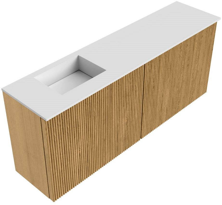 JOYA 100cm toiletmeubel kleur Oak. Wastafel FAYE positie Links 1 kraangat kleur Talc.