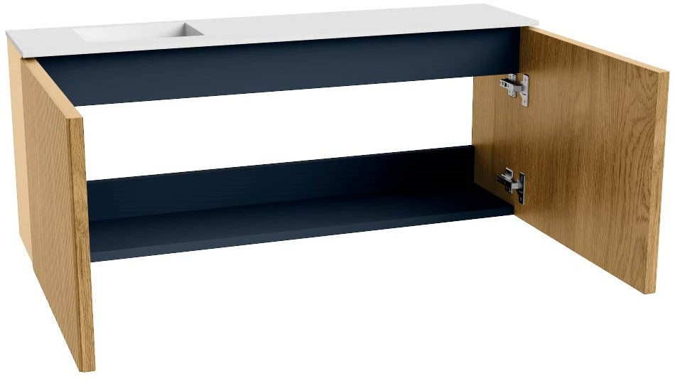 JOYA 100cm toiletmeubel kleur Oak. Wastafel FAYE positie Links 1 kraangat kleur Talc.