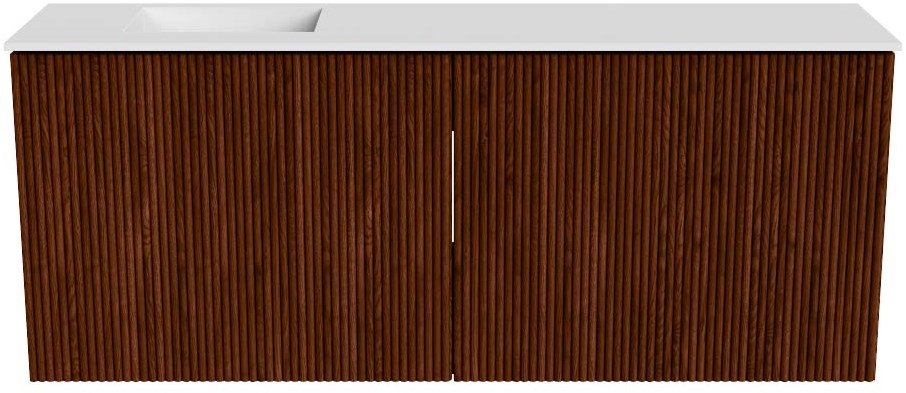 JOYA 100cm toiletmeubel kleur Ruby. Wastafel FAYE positie Links 1 kraangat kleur Talc.