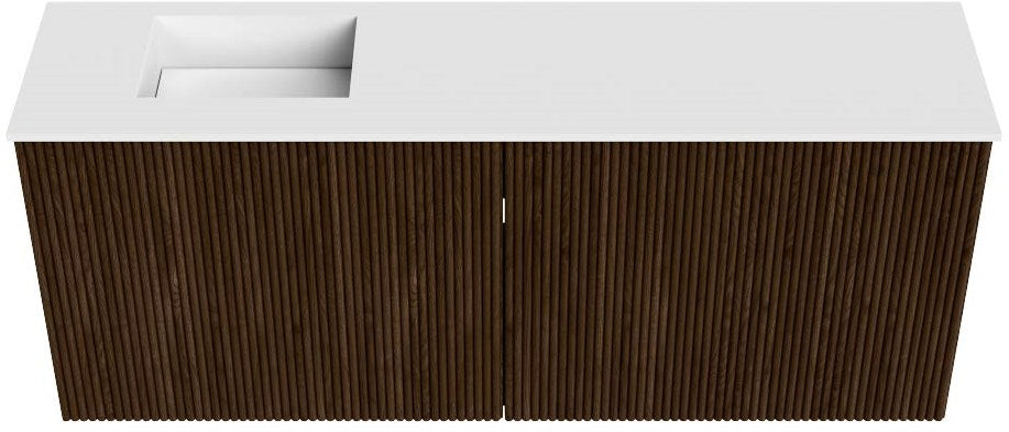 JOYA 100cm toiletmeubel kleur Walnut. Wastafel FAYE positie Links 1 kraangat kleur Talc.
