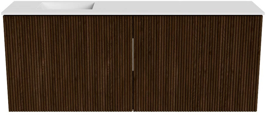JOYA 100cm toiletmeubel kleur Walnut. Wastafel FAYE positie Links 1 kraangat kleur Talc.