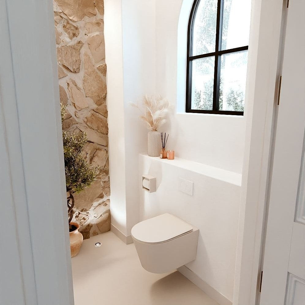 JOYA 100cm toiletmeubel kleur Dusk. Wastafel FAYE positie Midden Zonder kraangat kleur Talc.