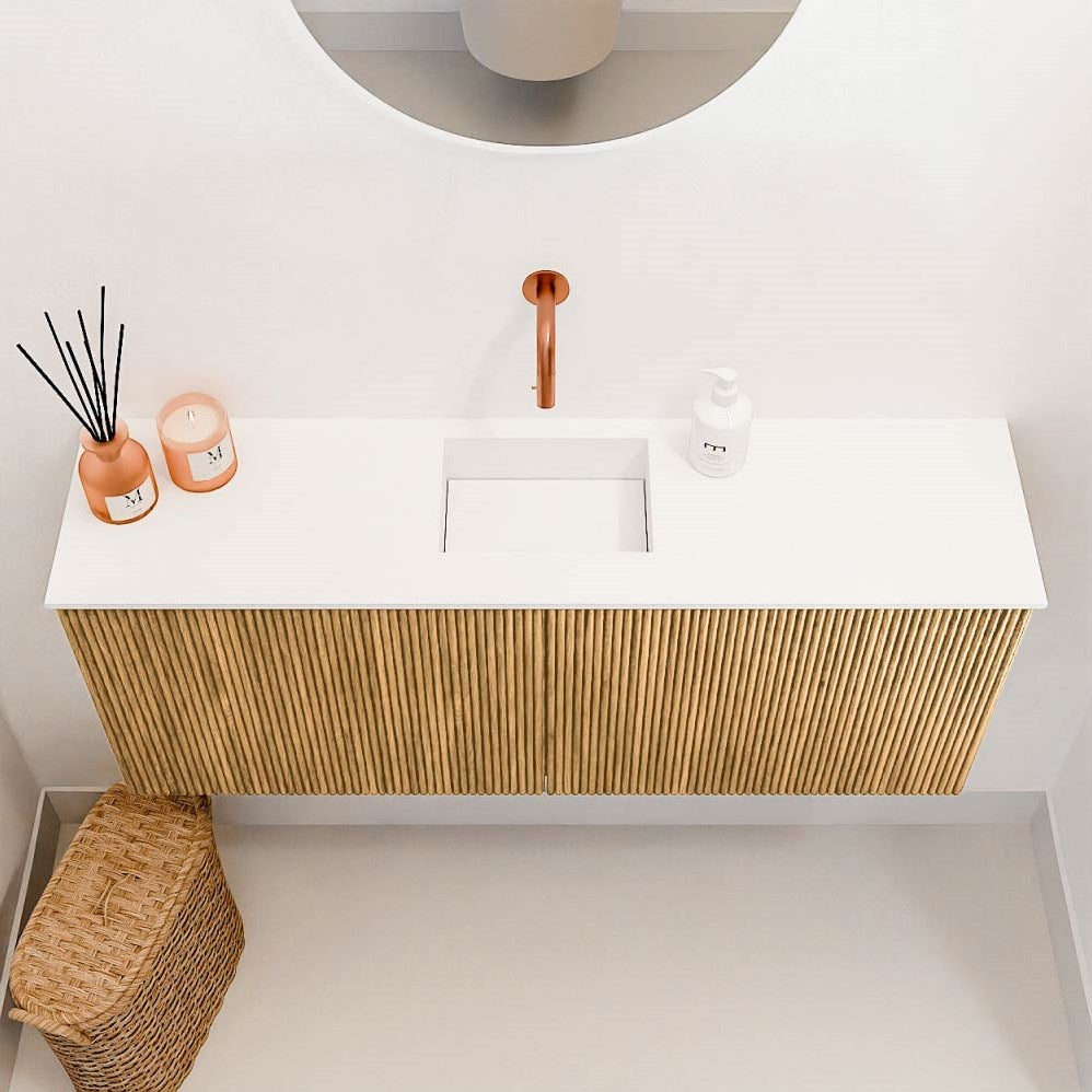 JOYA 100cm toiletmeubel kleur Oak. Wastafel FAYE positie Midden Zonder kraangat kleur Talc.