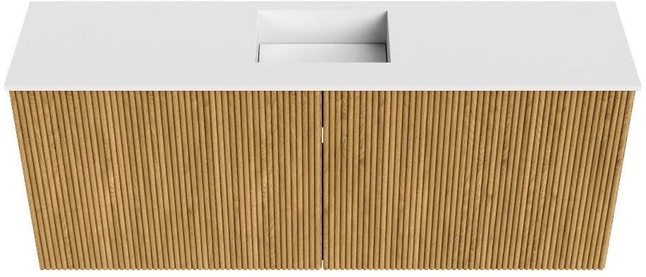 JOYA 100cm toiletmeubel kleur Oak. Wastafel FAYE positie Midden 1 kraangat kleur Talc.