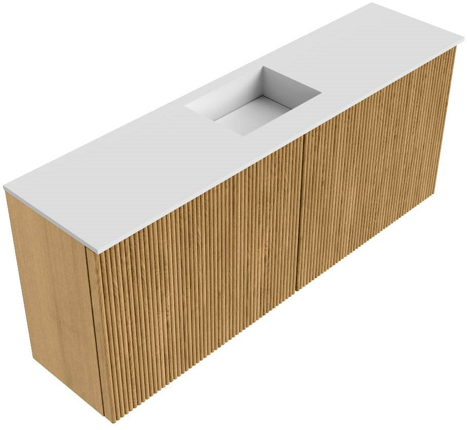 JOYA 100cm toiletmeubel kleur Oak. Wastafel FAYE positie Midden 1 kraangat kleur Talc.