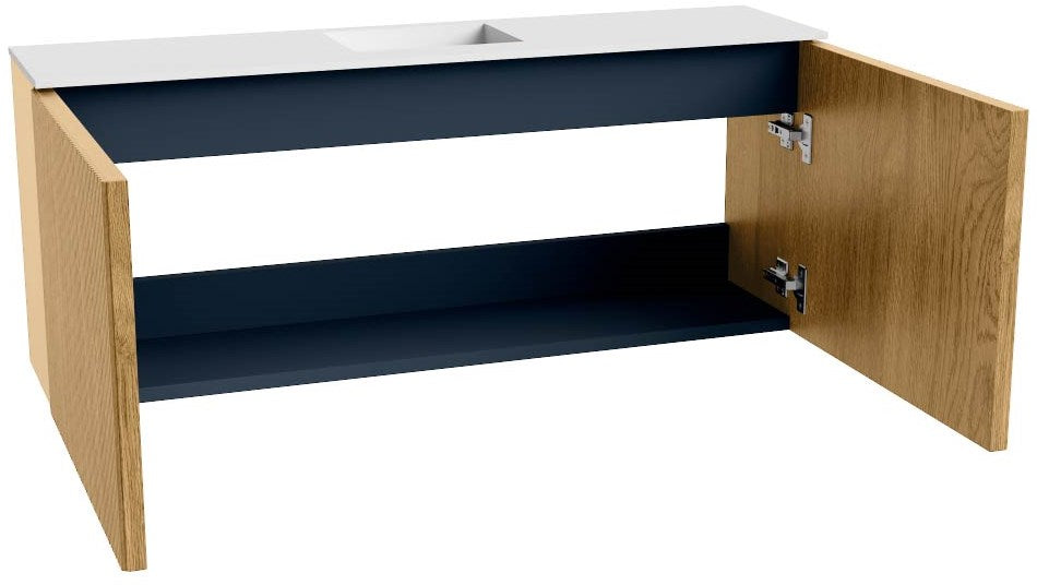 JOYA 100cm toiletmeubel kleur Oak. Wastafel FAYE positie Midden 1 kraangat kleur Talc.