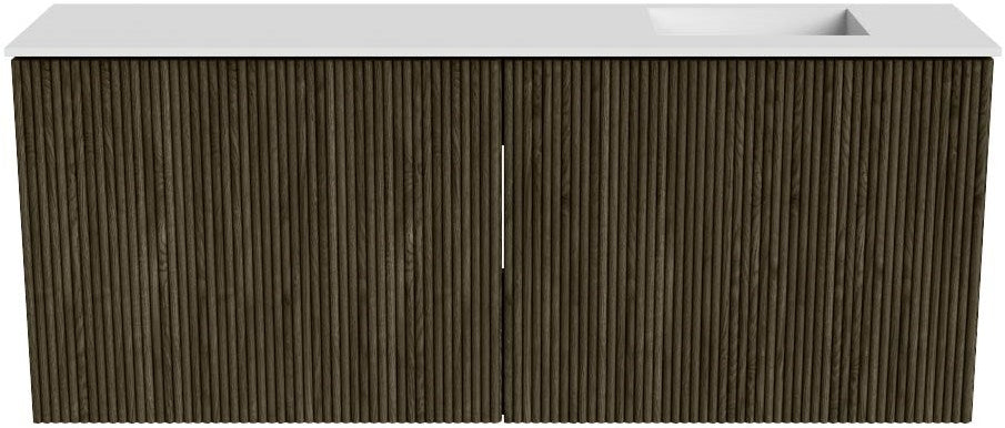 JOYA 100cm toiletmeubel kleur Shadow. Wastafel FAYE positie Rechts Zonder kraangat kleur Talc.