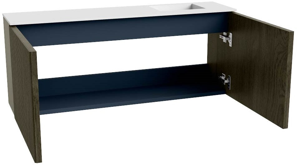 JOYA 100cm toiletmeubel kleur Shadow. Wastafel FAYE positie Rechts Zonder kraangat kleur Talc.