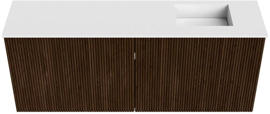 JOYA 100cm toiletmeubel kleur Walnut. Wastafel FAYE positie Rechts Zonder kraangat kleur Talc.