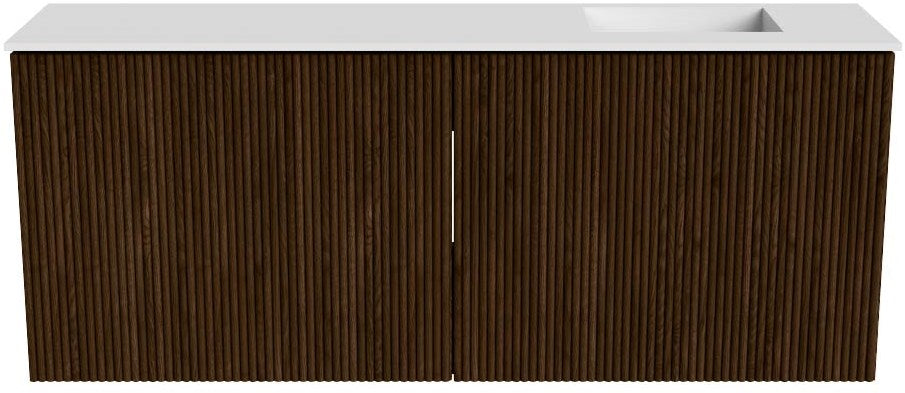 JOYA 100cm toiletmeubel kleur Walnut. Wastafel FAYE positie Rechts Zonder kraangat kleur Talc.