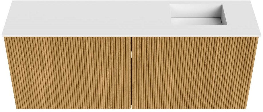 JOYA 100cm toiletmeubel kleur Oak. Wastafel FAYE positie Rechts 1 kraangat kleur Talc.