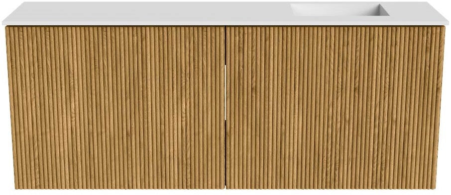 JOYA 100cm toiletmeubel kleur Oak. Wastafel FAYE positie Rechts 1 kraangat kleur Talc.