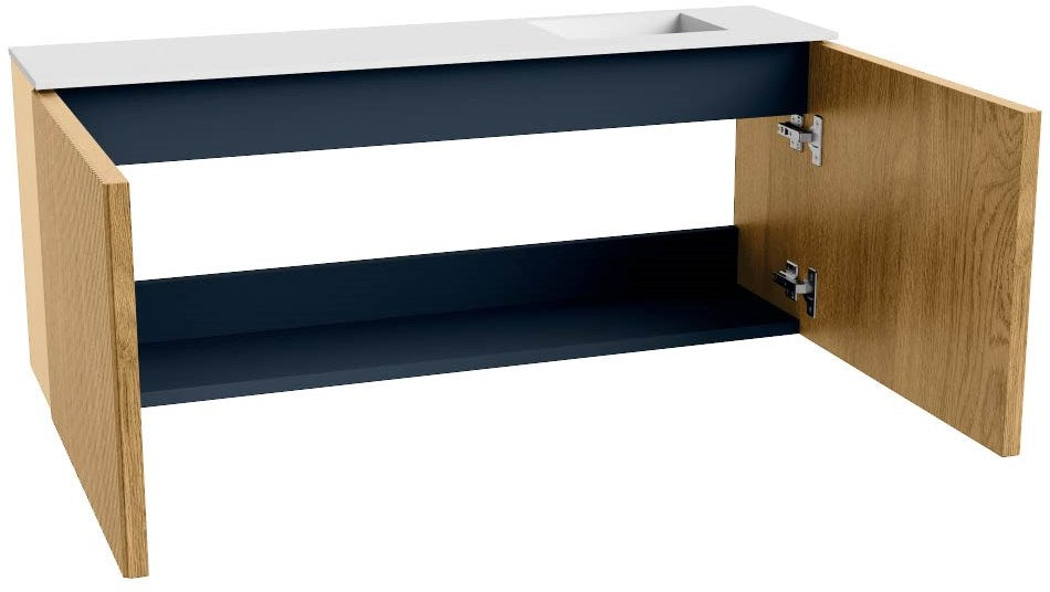 JOYA 100cm toiletmeubel kleur Oak. Wastafel FAYE positie Rechts 1 kraangat kleur Talc.