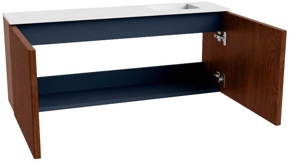 JOYA 100cm toiletmeubel kleur Ruby. Wastafel FAYE positie Rechts 1 kraangat kleur Talc.