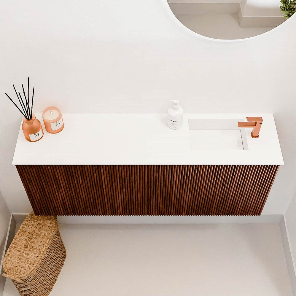 JOYA 100cm toiletmeubel kleur Ruby. Wastafel FAYE positie Rechts 1 kraangat kleur Talc.