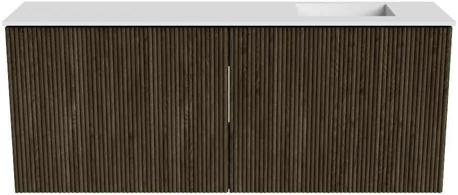 JOYA 100cm toiletmeubel kleur Shadow. Wastafel FAYE positie Rechts 1 kraangat kleur Talc.