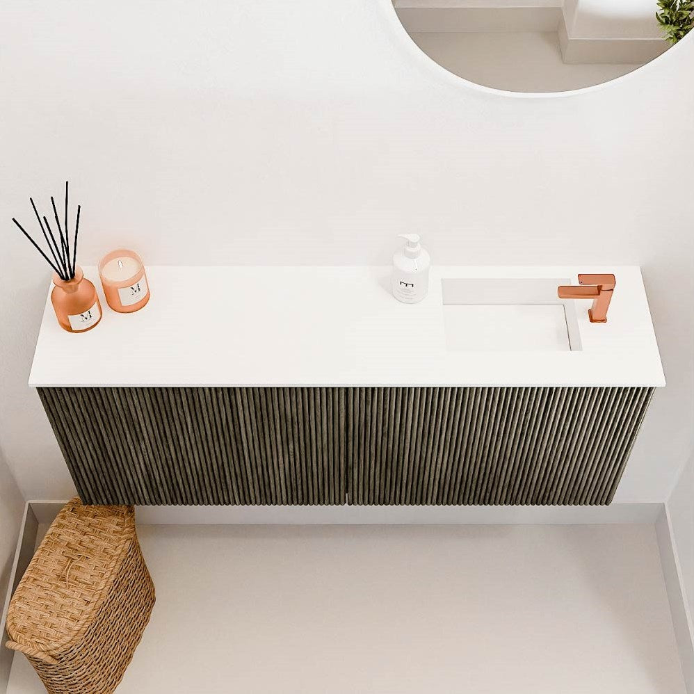 JOYA 100cm toiletmeubel kleur Shadow. Wastafel FAYE positie Rechts 1 kraangat kleur Talc.