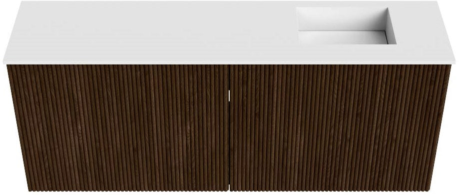 JOYA 100cm toiletmeubel kleur Walnut. Wastafel FAYE positie Rechts 1 kraangat kleur Talc.