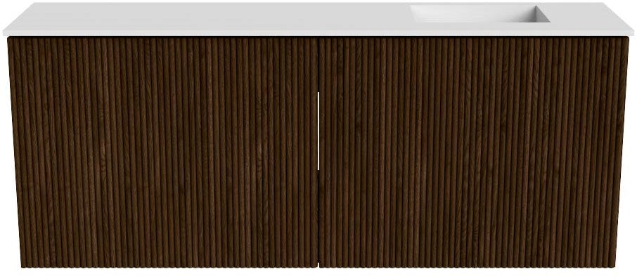 JOYA 100cm toiletmeubel kleur Walnut. Wastafel FAYE positie Rechts 1 kraangat kleur Talc.