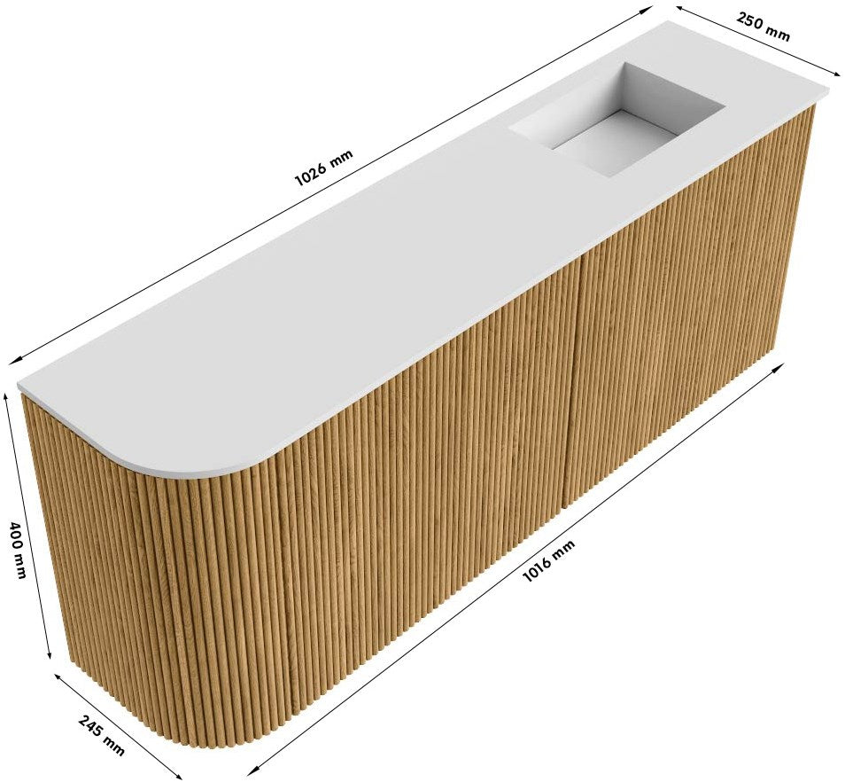 JOYA 101,6cm toiletmeubel ronding links kleur Oak. Wastafel FAYE positie Rechts Zonder kraangat kleur Talc.