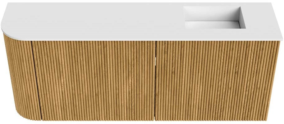 JOYA 101,6cm toiletmeubel ronding links kleur Oak. Wastafel FAYE positie Rechts Zonder kraangat kleur Talc.