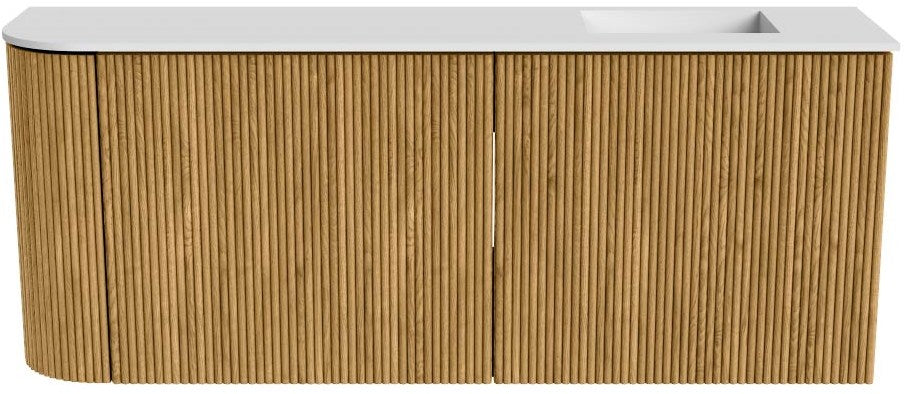 JOYA 101,6cm toiletmeubel ronding links kleur Oak. Wastafel FAYE positie Rechts Zonder kraangat kleur Talc.