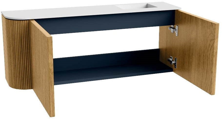 JOYA 101,6cm toiletmeubel ronding links kleur Oak. Wastafel FAYE positie Rechts Zonder kraangat kleur Talc.