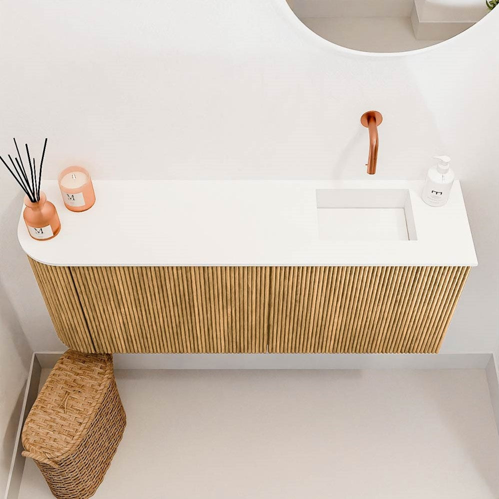 JOYA 101,6cm toiletmeubel ronding links kleur Oak. Wastafel FAYE positie Rechts Zonder kraangat kleur Talc.