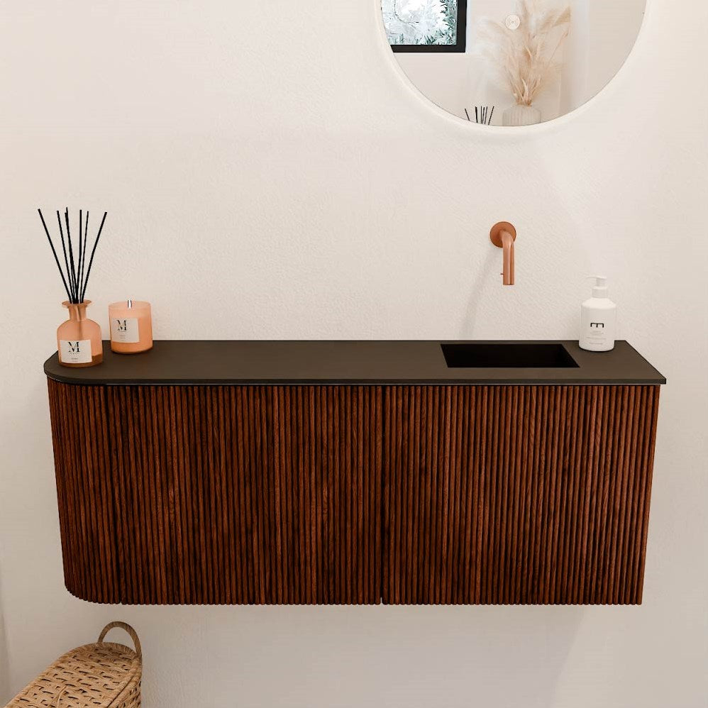 JOYA 101,6cm toiletmeubel ronding links kleur Ruby. Wastafel FAYE positie Rechts Zonder kraangat kleur Urban.
