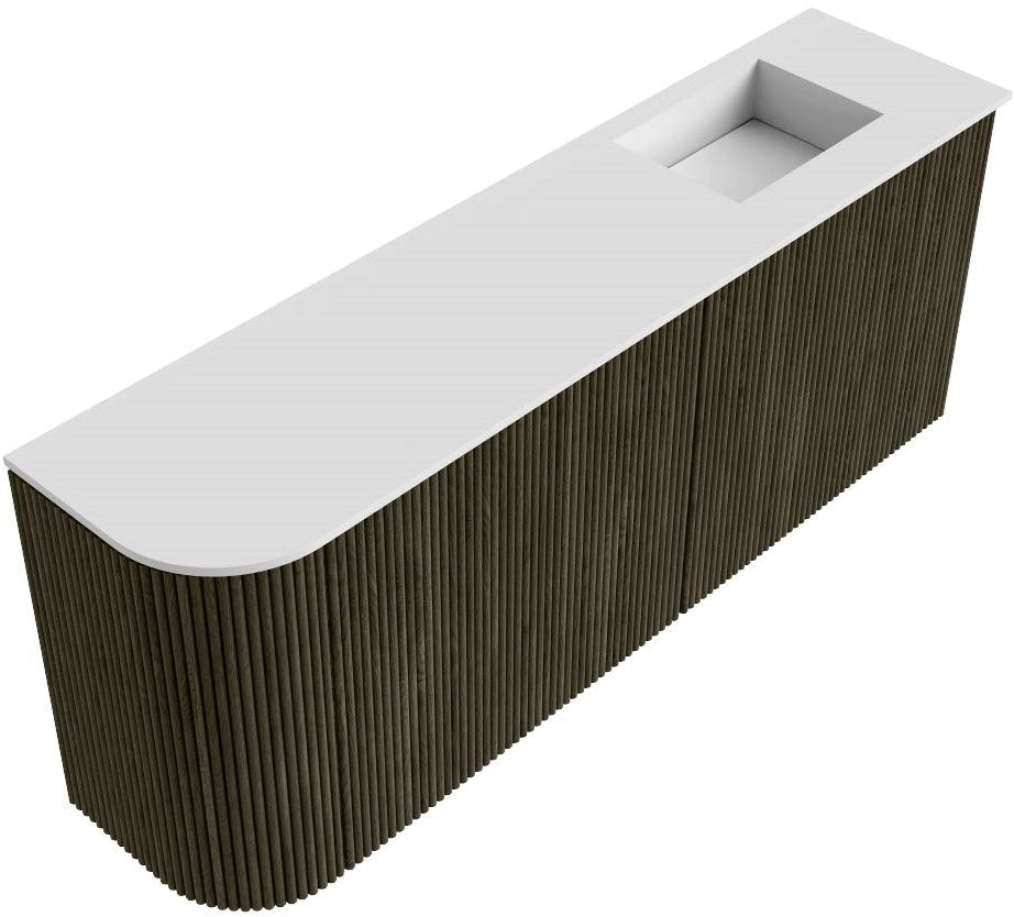 JOYA 101,6cm toiletmeubel ronding links kleur Shadow. Wastafel FAYE positie Rechts Zonder kraangat kleur Talc.