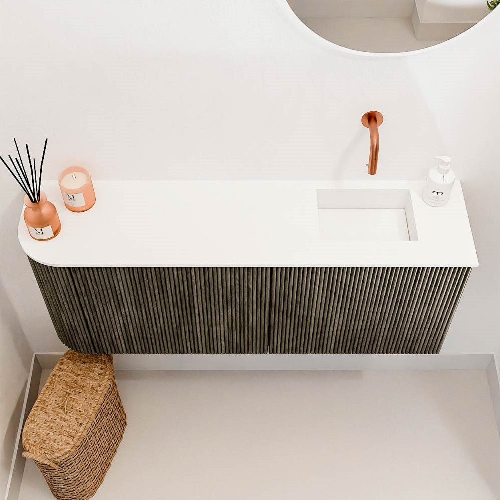 JOYA 101,6cm toiletmeubel ronding links kleur Shadow. Wastafel FAYE positie Rechts Zonder kraangat kleur Talc.