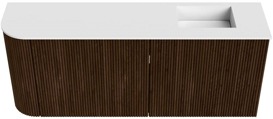 JOYA 101,6cm toiletmeubel ronding links kleur Walnut. Wastafel FAYE positie Rechts Zonder kraangat kleur Talc.