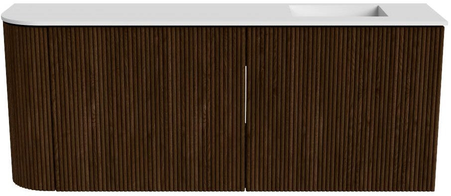 JOYA 101,6cm toiletmeubel ronding links kleur Walnut. Wastafel FAYE positie Rechts Zonder kraangat kleur Talc.